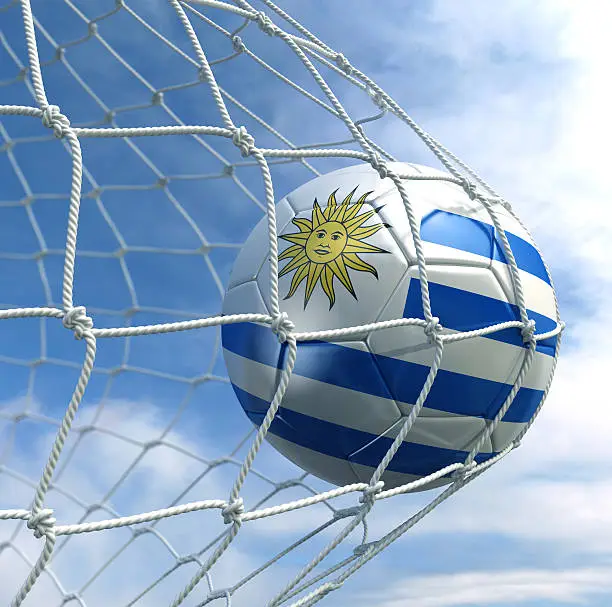 3d rendering of a Uruguayan soccer ball in a net