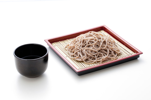 Japanese buckwheat soba noodles isolated on white background