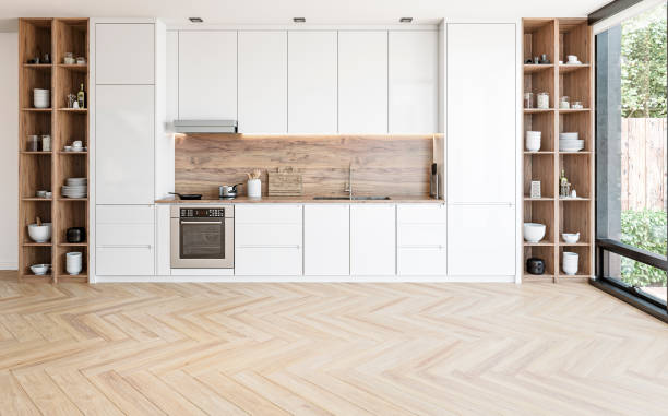 cocina blanca moderna con isla de cocina rectangular con taburetes - sparse floor domestic room apartment fotografías e imágenes de stock
