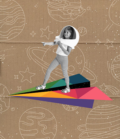 Exploring space. Creative artwork with little girl in huge white astronaut helmet flying on drawn colored aircraft over grey old paper effect background. Ideas, inspiration, imagination. Collage