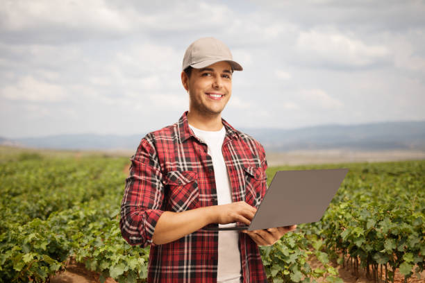 Vintner holding a laptop computer and posing on a grapevine nursery field stock photo