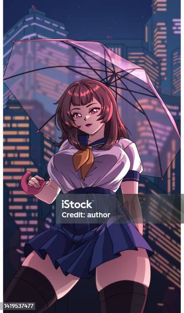  Linda colegiala de anime sosteniendo paraguas con fondo de ciudad vintage Ilustraciones dibujadas a mano disponibles