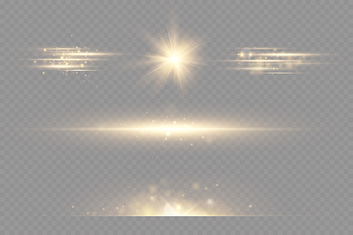Golden particles of light. Golden light. Light flare.Stars isolated on transparent background