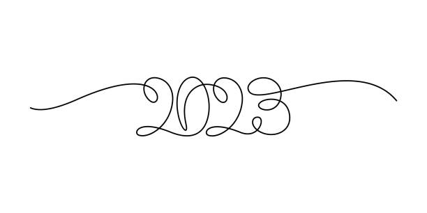2023 decorative handwritten lettering Continuous line drawing text for New Year greeting card, banner, calendar design. Vector illustration new years day stock illustrations