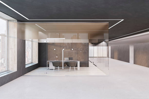 istock Luxury concrete and glass office interior with window and city view. 3D Rendering. 1419540546