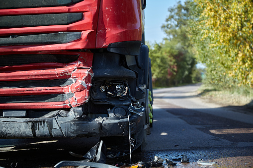 September 30, 2021, Riga, Latvia: car accident on a road, truck after a collision with car, transportation background