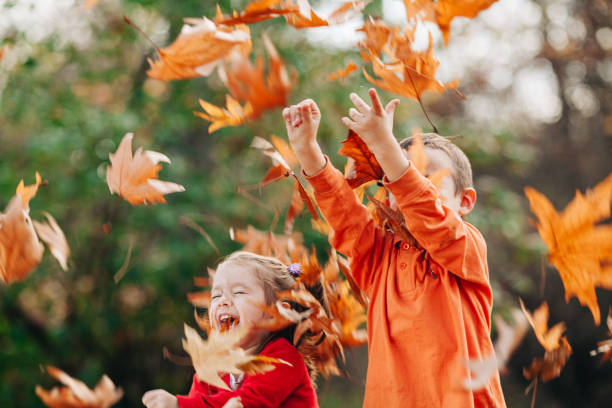 istock Cheerful children playing with autumn leafs 1419555173