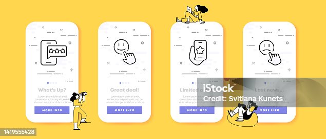 istock Feedback set icon. Stars, comment, sad and smiling emoticons, mark, evaluate, rate the service, user, phone, hand. Rating concept. UI phone app screens. Vector line icon for Business and Advertising 1419555428