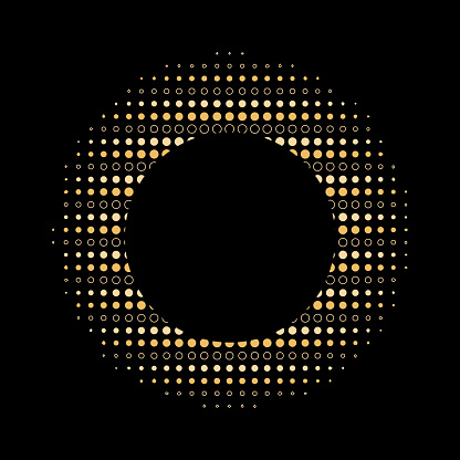Golden Dust Dots circle frame. Abstract glitter background with dots and sparkles on black. Copy space for text