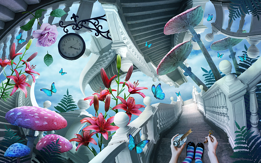 a fantastic landscape with surreal ladders , clock, magic mushrooms. Blue butterflies fly over beautiful flowers. The hands hold the potion and the key.