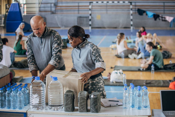 istock Soldiers preparing donations for civilians 1419562006