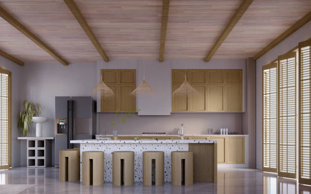 istock 3d rendering,3d illustration, Interior Scene and  Mockup,Scandinavian style kitchen corner,material marble and wooden kitchen,Dining table and bar stools. 1419562469