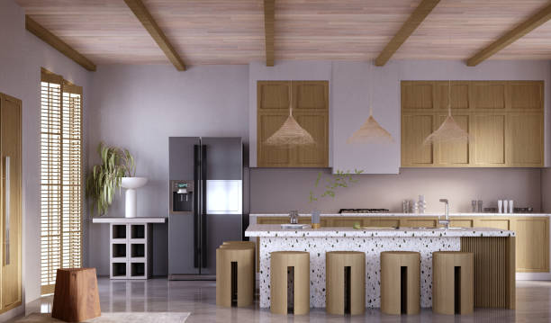 istock 3d rendering,3d illustration, Interior Scene and  Mockup,Scandinavian style kitchen corner,material marble and wooden kitchen,Dining table and bar stools. 1419562475