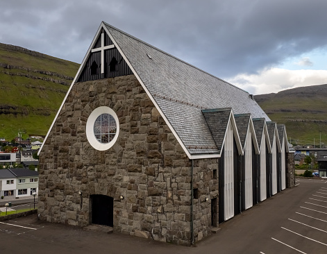 The cathedral of KlaksvÃ­k, the second largest town of the Faroes behind TÃ³rshavn, located on BorÃ°oy Island, NorÃ°oyar, Faroe Islands