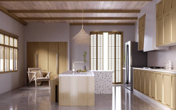 istock 3d rendering,3d illustration, Interior Scene and  Mockup,Scandinavian style kitchen corner,material marble and wooden kitchen,Dining table and bar stools. 1419562488