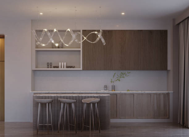 istock 3d rendering,3d illustration, Interior Scene and  Mockup,Scandinavian style kitchen corner,material marble and wooden kitchen,Dining table and bar stools. 1419562528