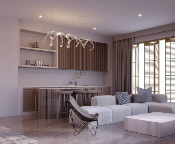 istock 3d rendering,3d illustration, Interior Scene and  Mockup,kitchen corner and living room,material marble and wooden,sofa in living room with big windows. 1419562540