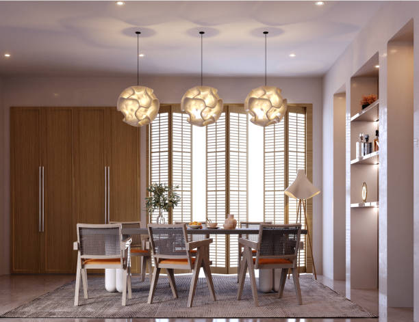 istock 3d rendering,3d illustration, Interior Scene and  Mockup,dinning room interior,decorate the walls with built in shelves. 1419562575