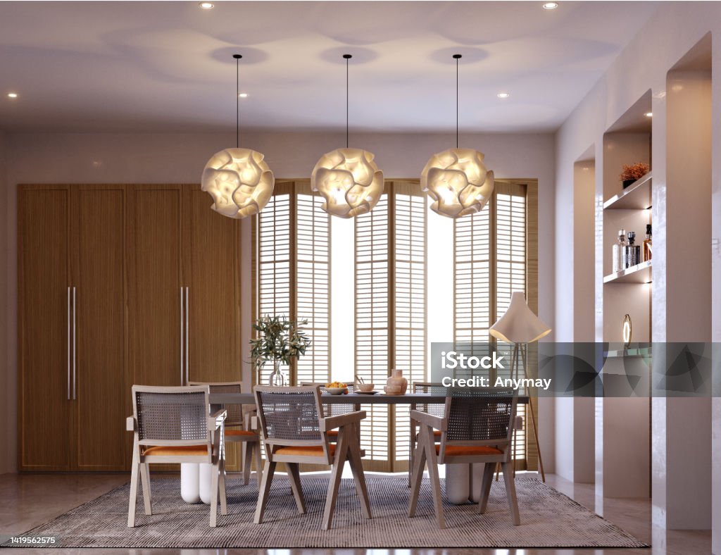 3d rendering,3d illustration, Interior Scene and  Mockup,dinning room interior,decorate the walls with built in shelves. Apartment Stock Photo