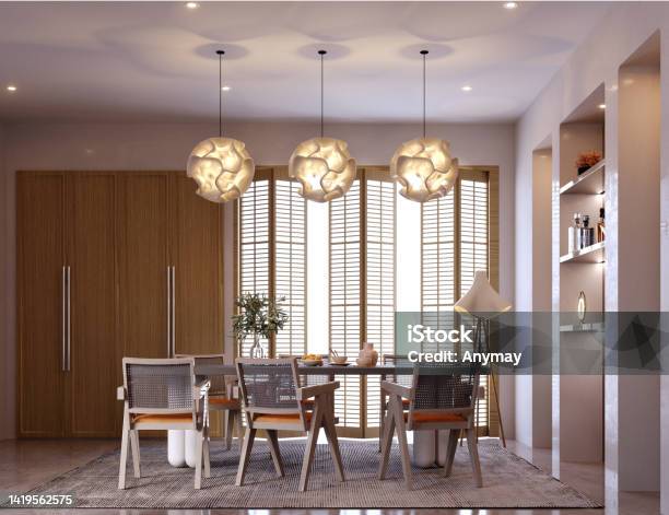 3d Rendering3d Illustration Interior Scene And Mockupdinning Room Interiordecorate The Walls With Built In Shelves Stock Photo - Download Image Now