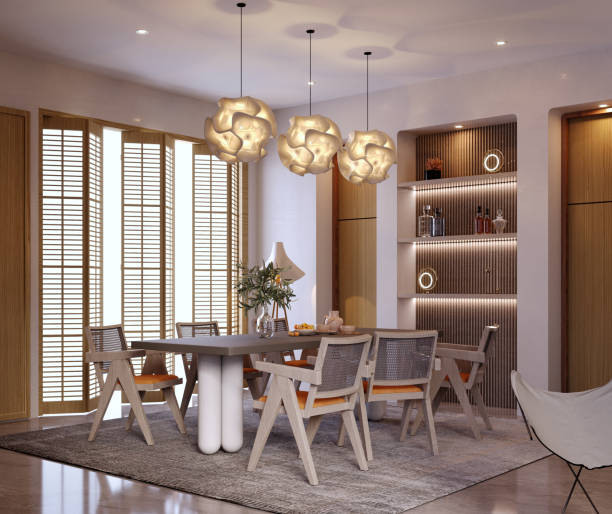 istock 3d rendering,3d illustration, Interior Scene and  Mockup,dinning room interior,decorate the walls with built in shelves. 1419562580