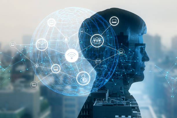 istock Side portrait of young man head outline thinking about abstract digital globe with connections on blurry city background. Technology, smart city, connection and tech concept. Double exposure. 1419563859
