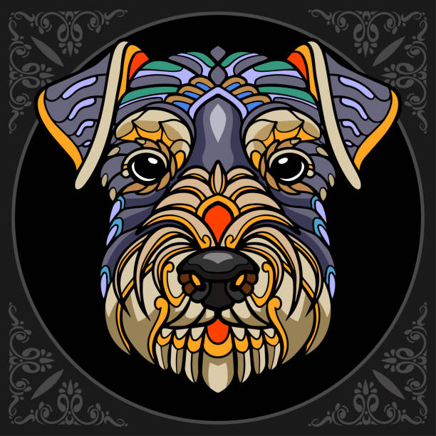 黒い背景に隔離されたカラフルな犬の頭の芸術 - シュナウザー点のイラスト素材／クリップアート素材／マンガ素材／アイコン素材