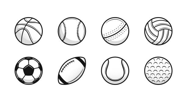 ilustrações de stock, clip art, desenhos animados e ícones de set of 8 sport vintage balls icons. cricket, baseball, american football, soccer, volleyball, golf, basketball, tennis. trendy logo designs. vector illustration. - retro revival basketball american culture sport