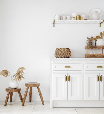 White cozy farmhouse kitchen interior background, 3d render