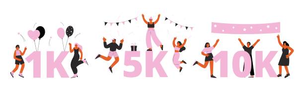 Celebrate numbers of subscribers. Happy people on party, 1k and 5k and 10k social media subscriber banners. Flat vector teens, young adults celebrating more followers Celebrate numbers of subscribers. Happy people on party, 1k and 5k and 10k social media subscriber banners. Flat vector teens, young adults celebrating more followers of numbers and congratulation Worshipper stock illustrations