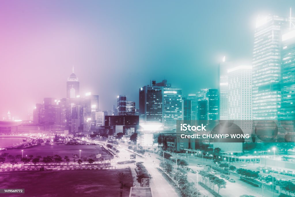 View night downtown cityscape of Hong Kong Architecture Stock Photo