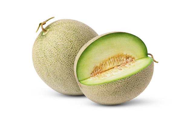 istock Cantaloupe melon with half slice isolated on white 1419570219