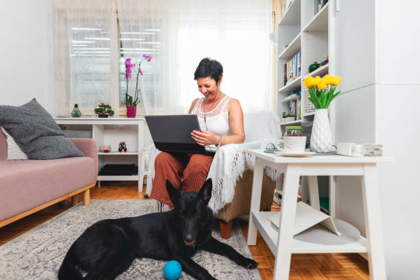 la mujer trabaja en línea desde casa. - pampered pets audio fotografías e imágenes de stock