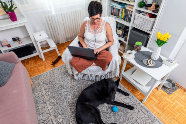 la mujer trabaja en línea desde casa. - pampered pets audio fotografías e imágenes de stock