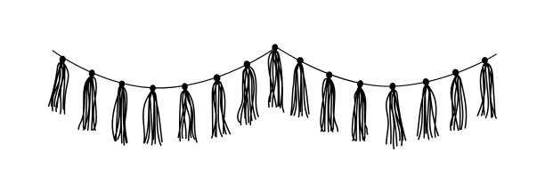 Doodle garland with tassels. Homemade garland for the holiday. Home party decoration with tassels. Vector hand drawn illustration isolated. Doodle garland with tassels. Homemade garland for the holiday. Home party decoration with tassels. Vector hand drawn illustration isolated tassel stock illustrations