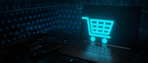 istock Shopping cart with laptop on the desk Ecommerce concept 3d render 1419574795