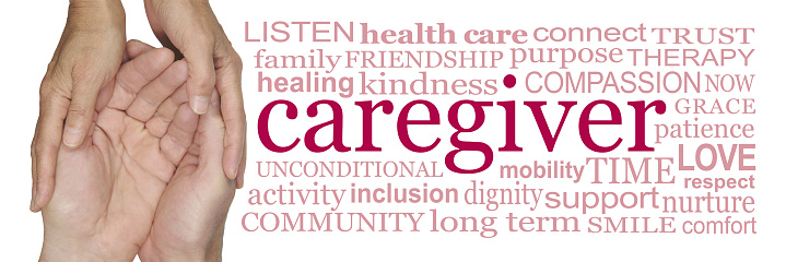 female hands cupped around male hands beside a word cloud relevant to a care worker on a white background