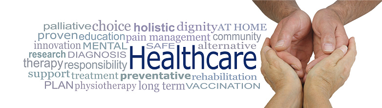 female hands cupped around male hands beside a word cloud relevant to HEALTHCARE on a white background