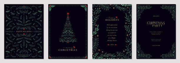 Universal Christmas Templates_153 Festive Foliage Christmas cards. Luxury Corporate Holiday cards with Christmas tree, birds, ornate floral frames, background and copy space. christmas card stock illustrations