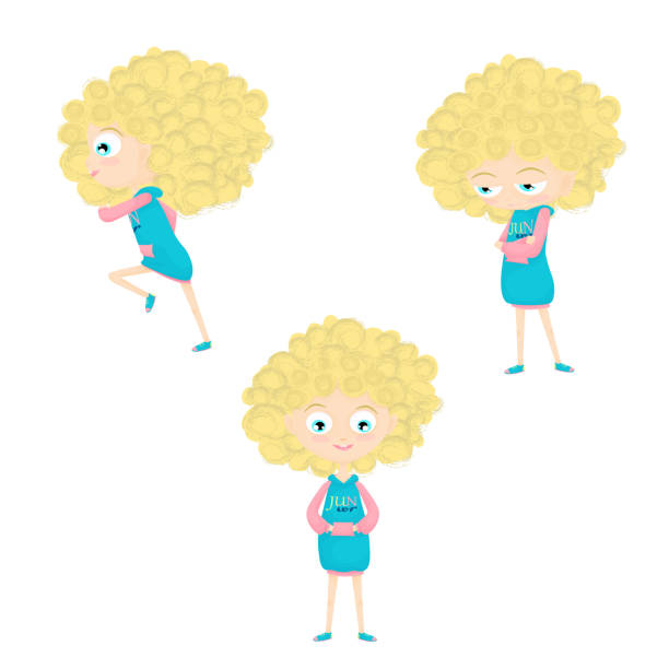 dziewczyna o niebieskich oczach i kręconych blond włosach. - child laughing blond hair three people stock illustrations