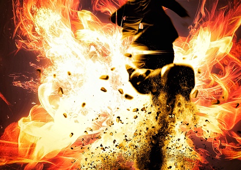 3D illustration of businessman running in burning flames