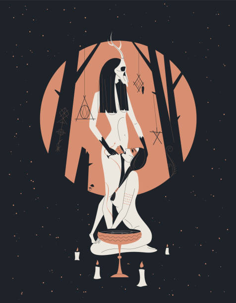 istock Two witches woman performs magic dark ritual or rite near altar in the sacred forest in the light of the full moon at night. 1419585342