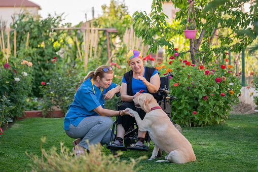 A senior adult woman patient and using a wheelchair smiles as she visits with her medical professional outdoors. The pair are on the grounds of the nursing home or assisted living facility. The facility's pet dog has come for a visit. They are walking along a with many green trees in the background. Summer.