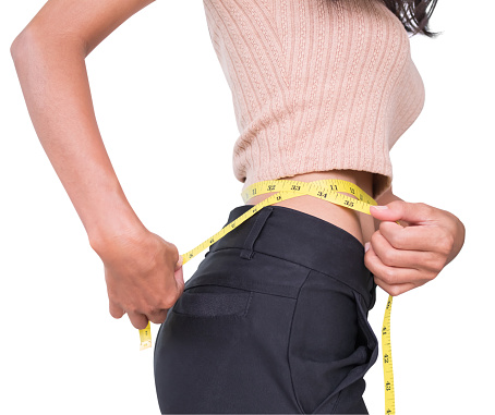 Waist Woman with tape Measure,Body Slim,Shapely,Diet, Low Calories,Weight Loss for Good Health,Fitness for Slimming concept.