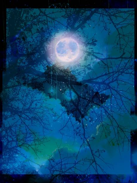istock Night sky with sea of clouds drifting and mysterious moon shining through the silhouette of an old tree branch. Mysterious illustration 1419590318