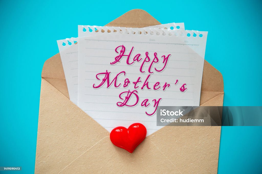 Happy Mother's Day postcard with lettering inside an open envelope Congratulating Stock Photo
