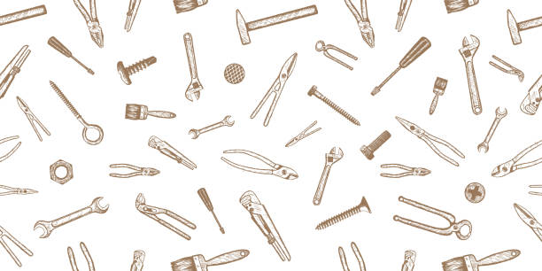 bezszwowe tło ręcznych narzędzi budowlanych - adjustable wrench illustrations stock illustrations