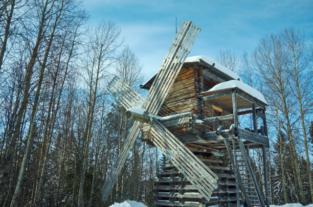Windmill and tree construction, low angle view, blue sky