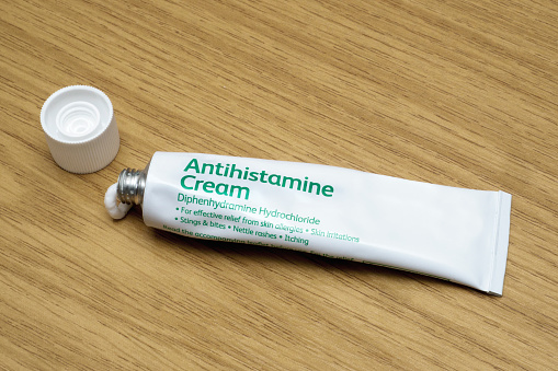 A tube of antihistamine cream, used for relief of skin irritation, bites, stings and rashes