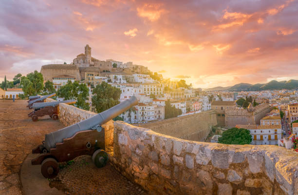 Landscape with Eivissa at sunset time, Ibiza island Landscape with Eivissa at sunset time, Ibiza island, Spain ibiza town stock pictures, royalty-free photos & images